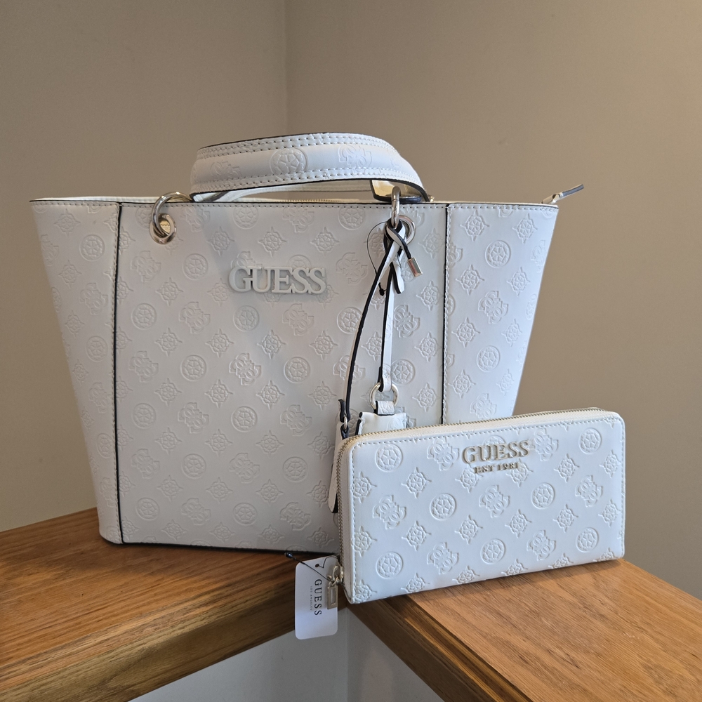 GUESS Ivory Embossed Tote and Wallet Set